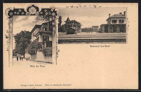 Cartoline postali: Lithographie Ins, Bahnhof, Villa de Pury – Usato da Berlin venduto da bartko-reher