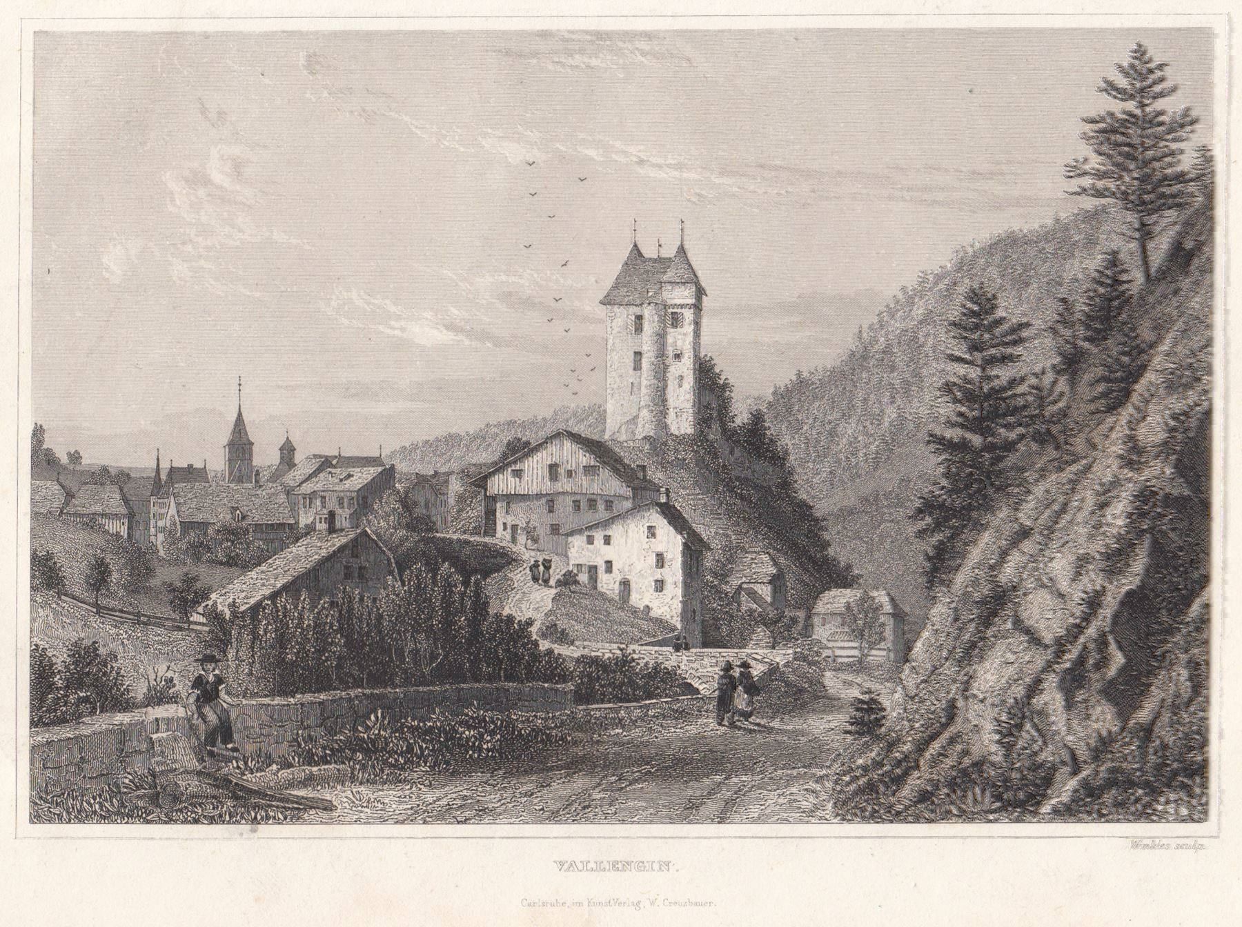 Stiche: VALANGIN, STAHLSTICH, GRAVURE SUR ACIER – Antik aus Grüningen von Kartensammler 1