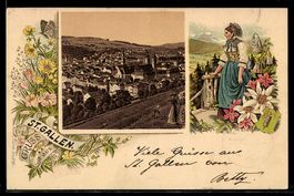 Lithographie St. Gallen, Totalansicht, Frau in Tracht