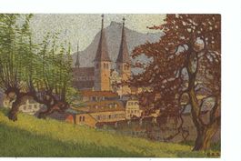 Luzern  Hofkirche gegen die Rigi Lith. Ernst E. Schlatter