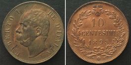 ITALIEN. 10 Centesimi 1893 B/I, UMBERTO I, Kupfer unz-!