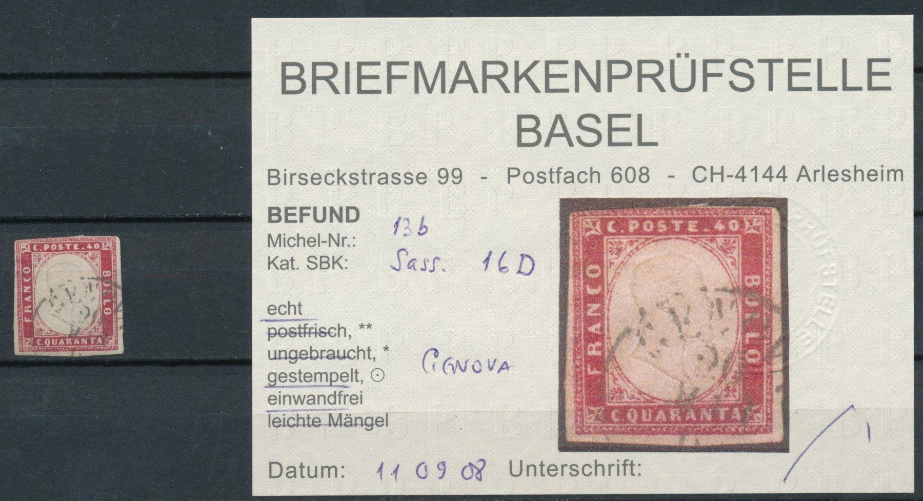 Alle Briefmarken: Italien, Sardinien Sassone Mi. 16D – Gebraucht aus Bonau von Profila3