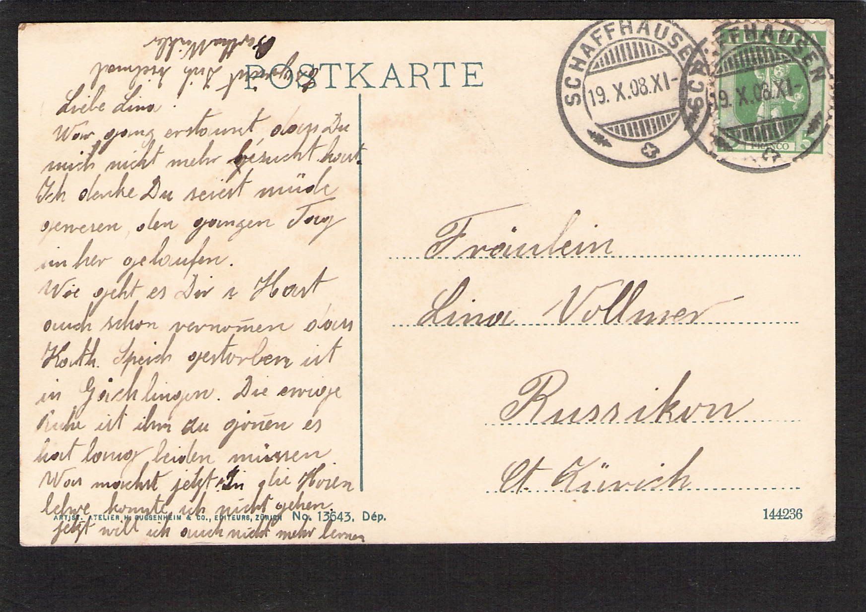 Ansichtskarten: #Schaffhausen , Postgebäude u. Bahnhof , Tram , gel. 1908 – Gebraucht aus Reichenburg von Pipo-67 1