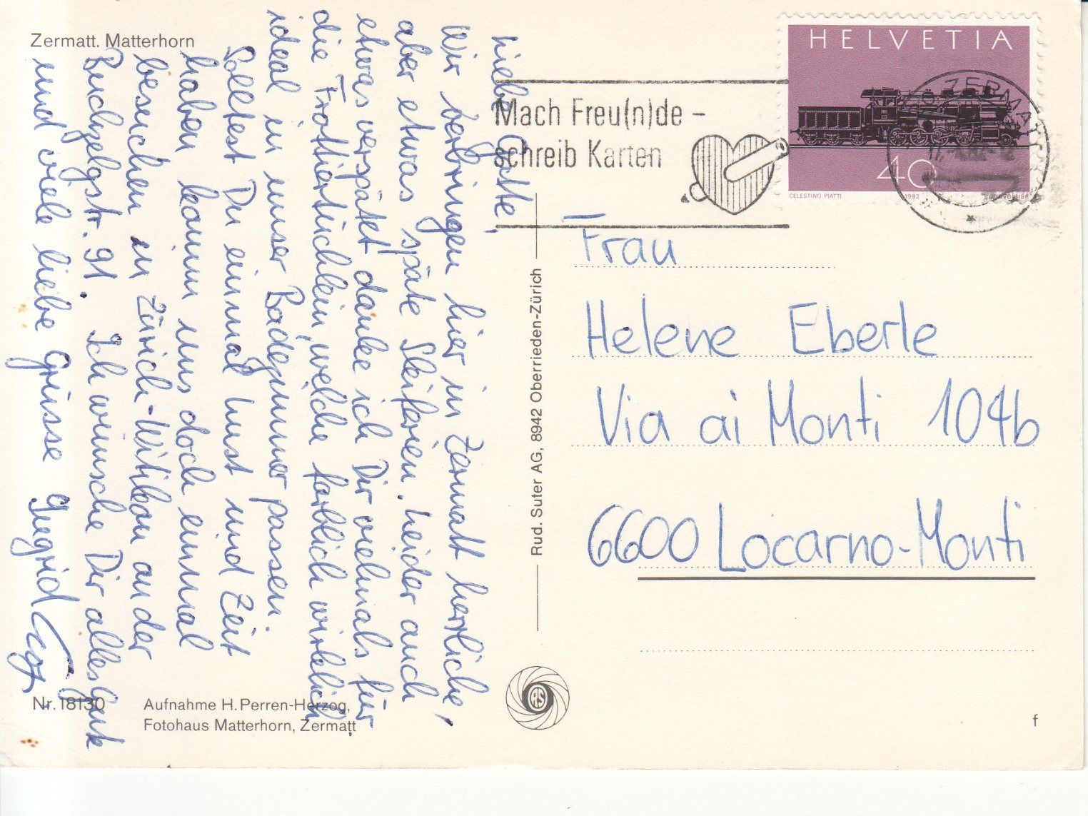 Cartoline postali: Zermatt 1982 – Usato da Bürglen TG venduto da StampGraf 1