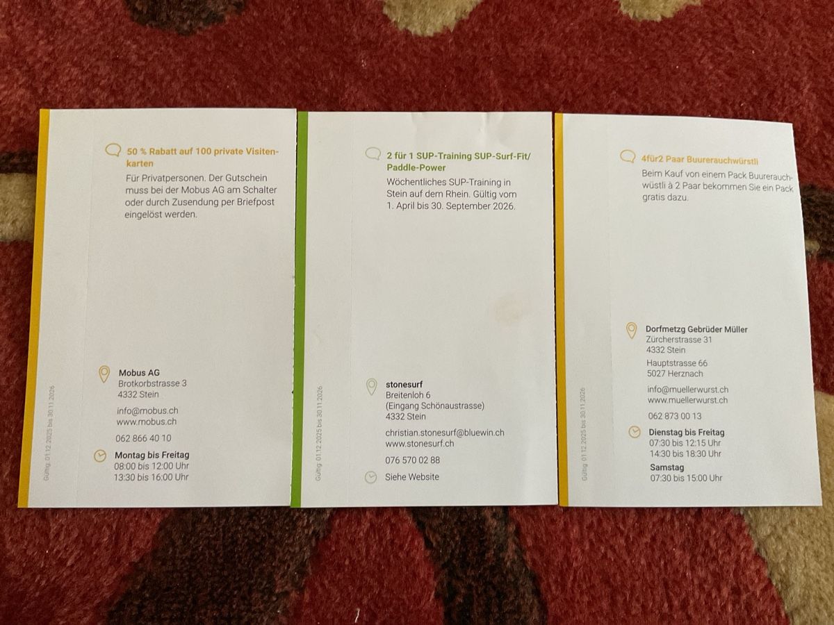 Buoni: 7 bons de réductions à Sisseln et Mumpf – Nuovo (secondo la descrizione) da Düdingen venduto da Yellow 6