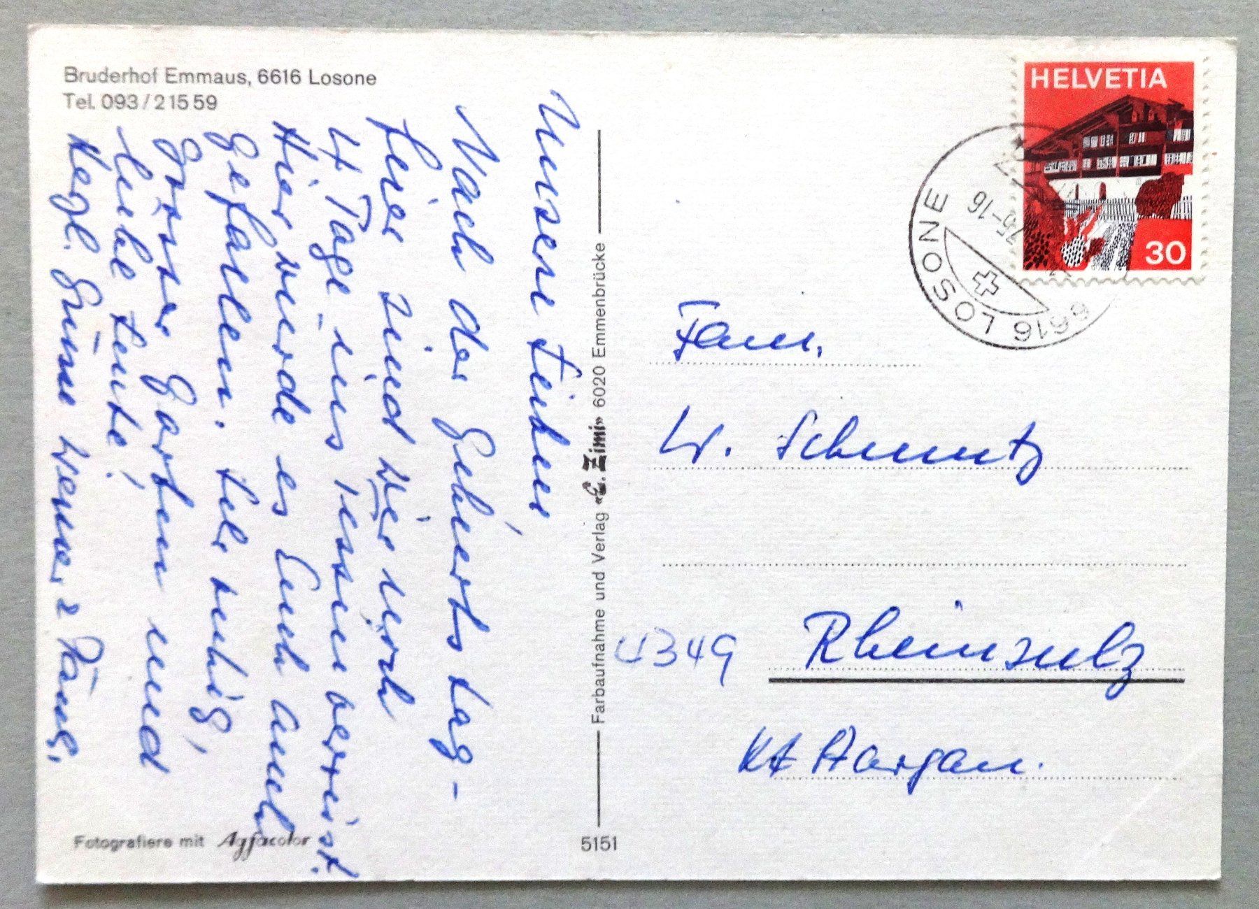 Cartes postales: Bruderhof Emmaus, Losone – D'occasion à Fétigny par Billy2miny 1