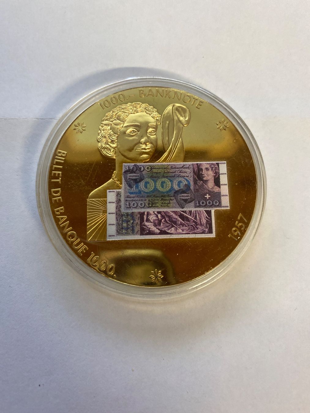 Tutti le monete: Pièce commémorative Suisse 5CHF Billet 1000 CHF 1957 – Nuovo e nell'imballaggio originale da Le Brassus venduto da cinema13 1