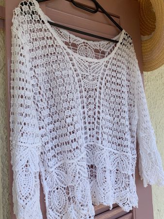 Sommerlicher weisser Häkelpullover Baumwolle Gr. L/XL