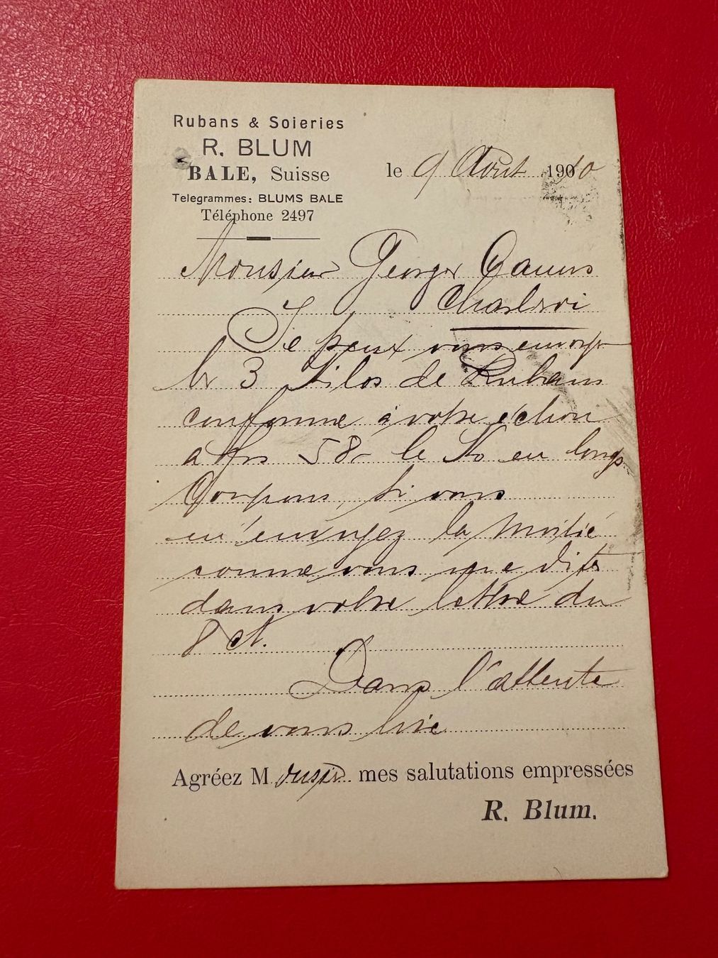 Cartoline postali: 1910 // Basel : Telegrammes Rubans & Soieries R. Blum – Usato da St-Légier-Chiésaz venduto da Theo006