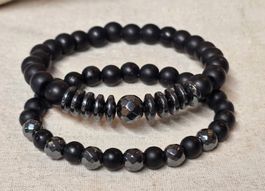 Set due bracciali onice e ematite pietre dure nero nuovo