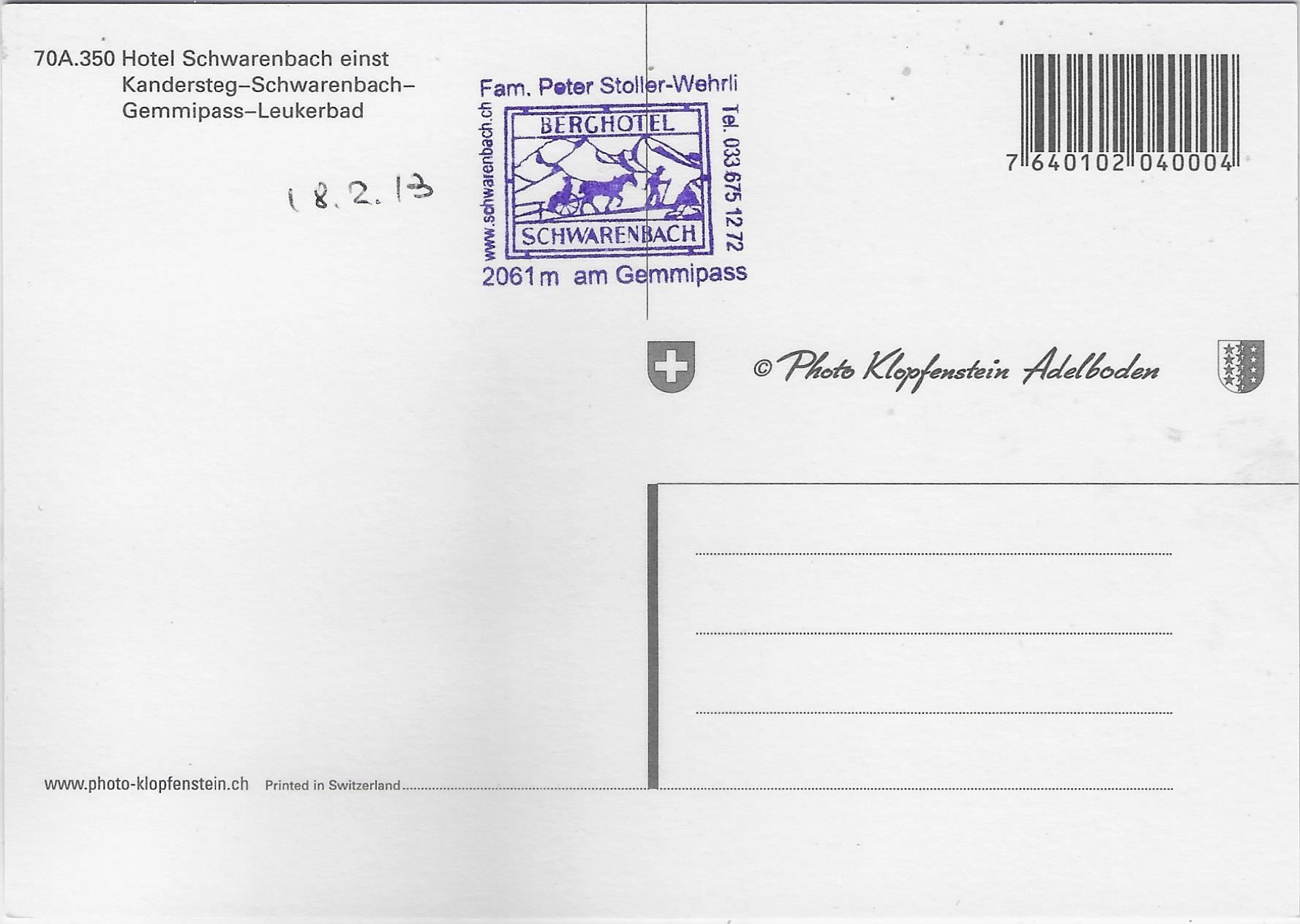 Cartoline postali: Hotel Schwarenbach einst Kandersteg- – Usato da Ettingen venduto da Kartenplanet 1