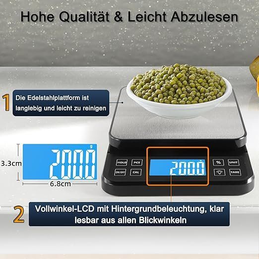 QLK Feinwaage 0,01g – 200g Digitale Küchen- & Schmuckwaage, Tragbar Mit LCD, Tara-Funktion, 6 Einheiten, Edelstahlschale