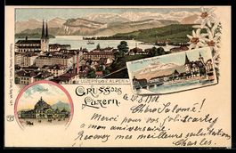 Litho Luzern, Ortsansicht und die Alpen,