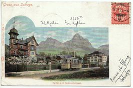 Gruss aus SCHWYZ Bahnhofstrasse mit Bahn
