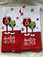 2x Christmas Wine Towels "Santa's Helper" New