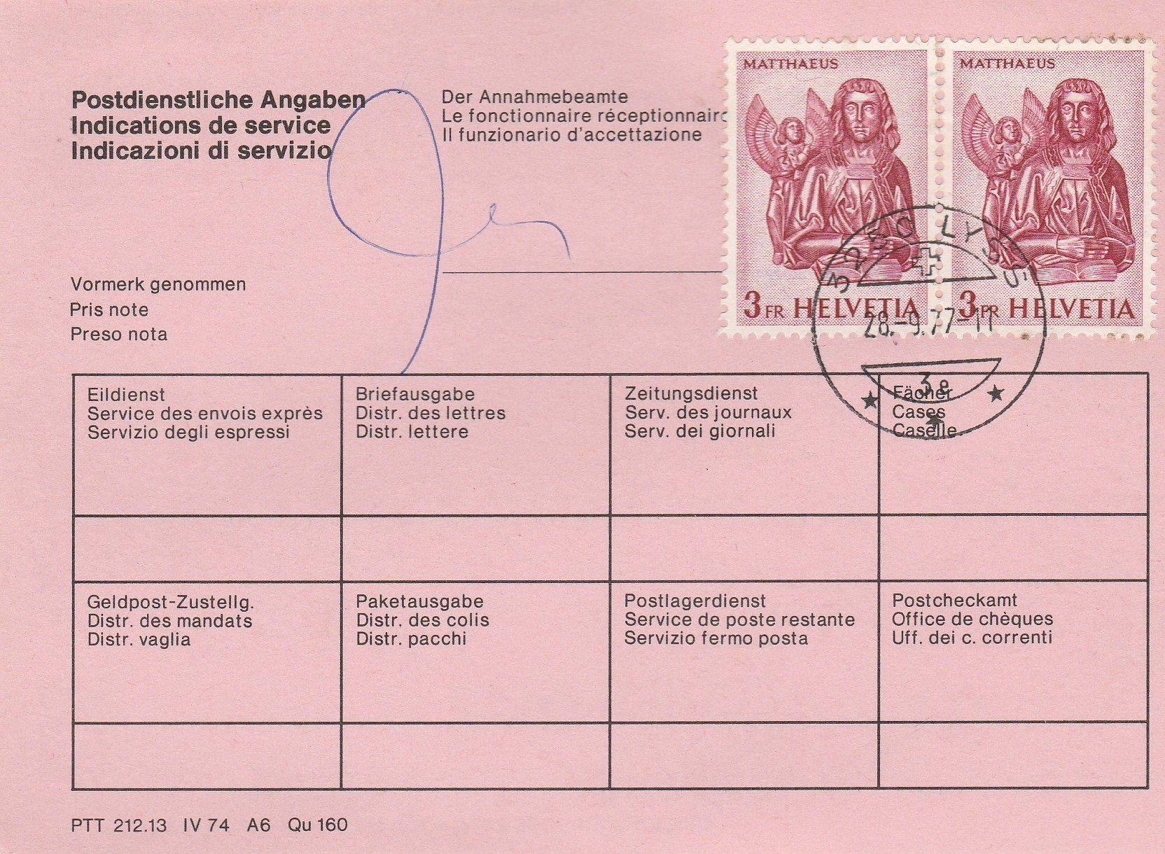 Tutti i francobolli: Nachsendeauftrag der CH-Post vom 28.9.1977 – Usato da Castiel venduto da MonaLisa57 1