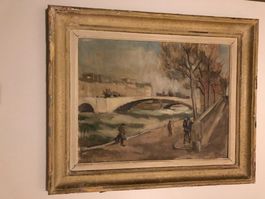 F. Huber Stadt Gemälde signiert mit Seine, Paris, Brücke
