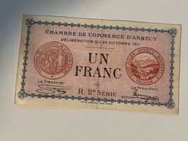 Alte Banknote - 1 Franc, Annecy 1917, Selten! Sammler
