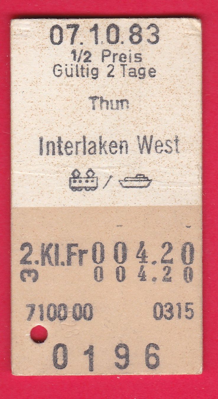 Tickets: KARTON BILLETT, THUN - INTERLAKEN WEST, 2.KLASSE, HALBTAX – Gebraucht aus Oberrieden von Gebirgsstelze