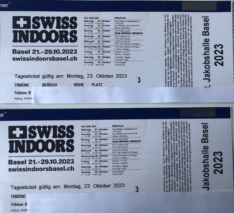 2x Tickets Swiss Indoor Basel 23.10.2023 // 4. Reihe
