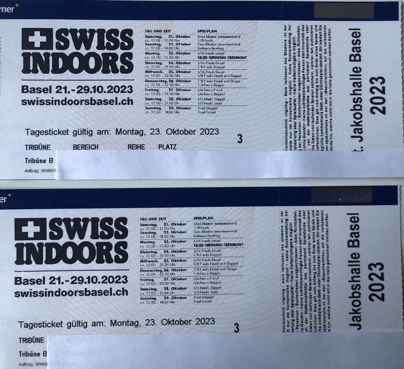 2x Tickets Swiss Indoor Basel 23.10.2023 // 4. Reihe Kaufen auf Ricardo
