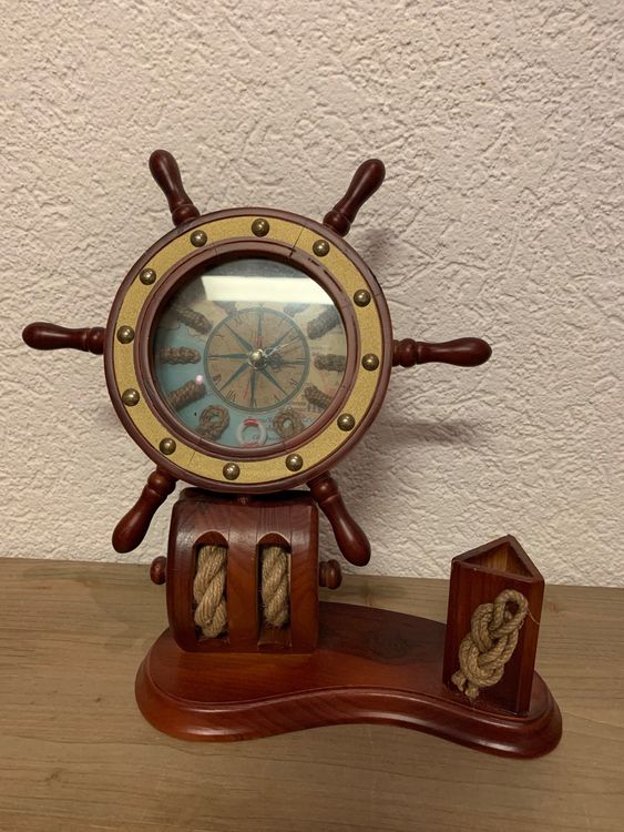 Doppelter Stifthalter-Schiffsstand Mit Steuerrad Und Kompass – Aus Holz Und Messing – Maritime Deko Für Schreibtisch & Regal – Leicht & Detailreich