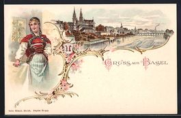 Litho Basel, Panorama mit Rheinbrücke, 