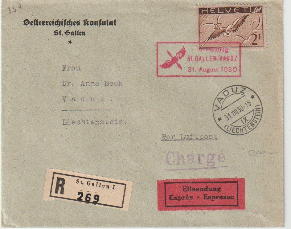 Luftpostbrief R Exprès 1930 St-Gallen Vaduz Konsulat (Gebraucht) in ...