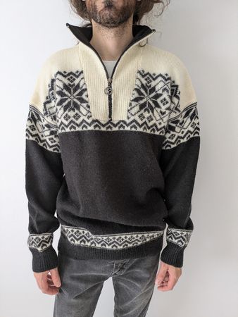 Wollpullover im Norweger-Stil, schwarz-ecru, Gr.L