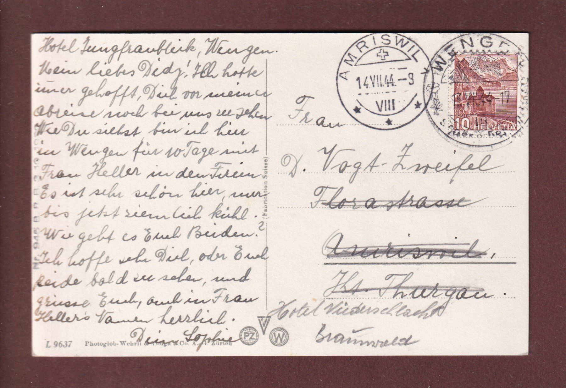 Cartoline postali: WENGEN - Blick auf Breithorn - 1944 – Usato da Pully venduto da nicecards 1