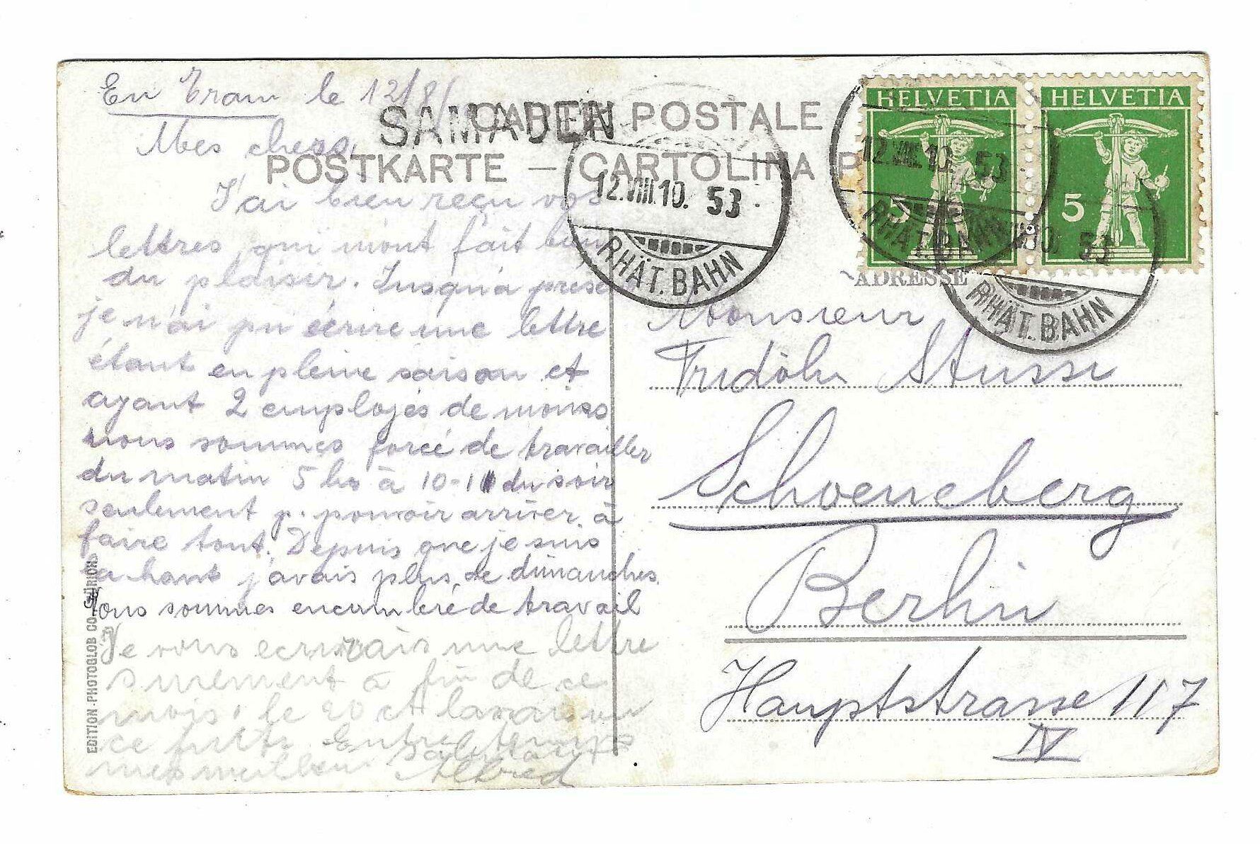 Alle Briefmarken: Stabstempel Samaden / Rhät. Bahn 1910 ai – Gebraucht aus Aarau von fussball-fussball