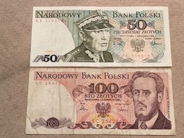 Pologne 2 billets : 50 de 1988 neuf et 100 de 1986 utilisé