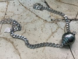 Silberarmband Flachpanzer mit Tahitiperle