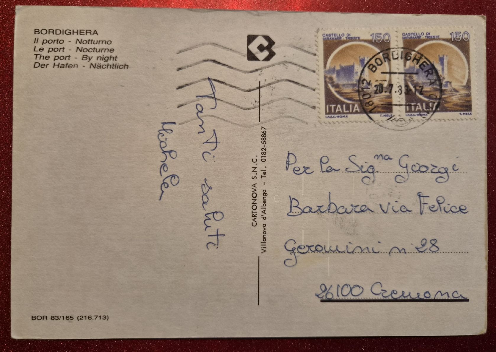 Cartoline postali: Bordighera Der Hafen nächtlich 1983 – Usato da Melchnau venduto da Arthurius 1