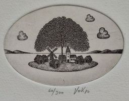 Radierung Inseldorf 1980, ovale Platte, gerahmt unter Glas