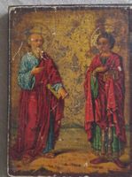 Icône religieuse bois peint deux saints  (6,50 cm/9 cm)