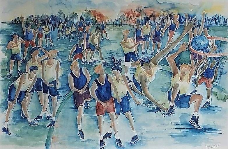 Dipinti: AQUARELL "SPORT MEETING" KORBBALL – Usato da Kloten venduto da aquabaer 2