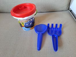Strandset Eimer mit Sieb Schaufel Rechen für Kinder blau