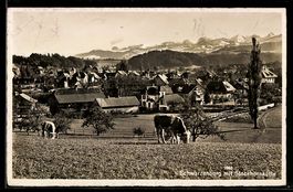 AK Schwarzenburg, Blick auf den Ort und die Alpen