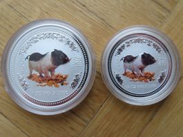 Lunar I Münzen Schwein 2007 1 Oz + 1/2 Oz in Farbe