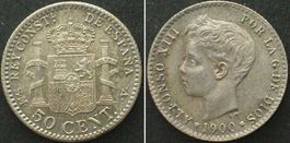 SPANIEN 50 Centimos 1900 (00) SM-V, ALFONSO XIII. Silber unz