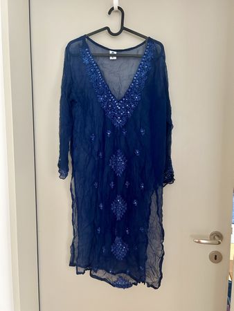 Boho Blue Embroidered Sheer Tunic Top Summer lake Cover Up 