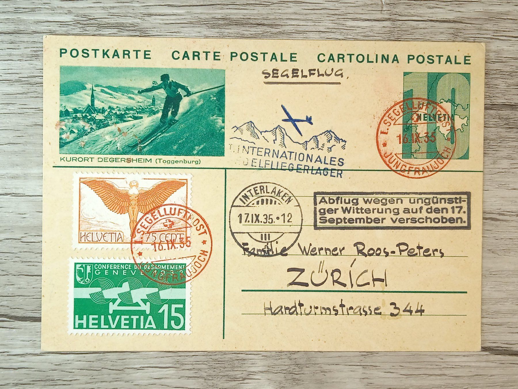 Tutti i francobolli: TR54 Carte postale + Timbre Suisse 1935 – Usato da Cousset venduto da Patrick_Collections