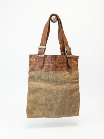 Borsa a spalla vintage in cuoio e tessuto naturale, paglia