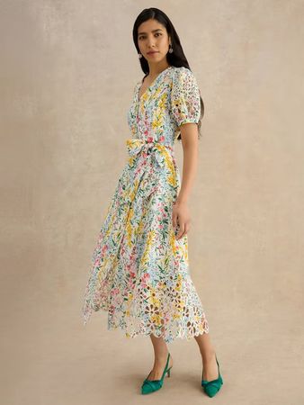 Hobbs Linen Broderie Midi Dress