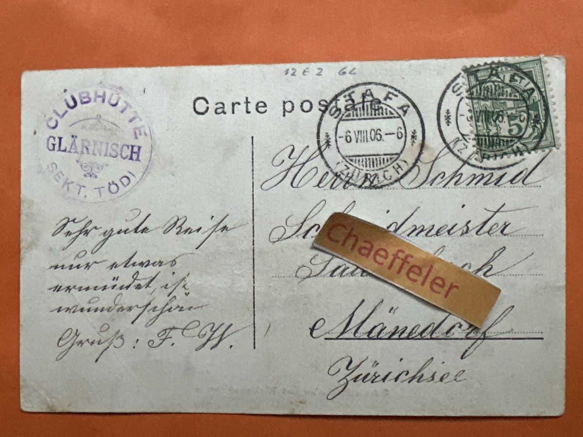 Cartoline postali: 1906 Glärnischgletscher und Bächistock.  – Usato da Zürich venduto da Chaeffeler 1