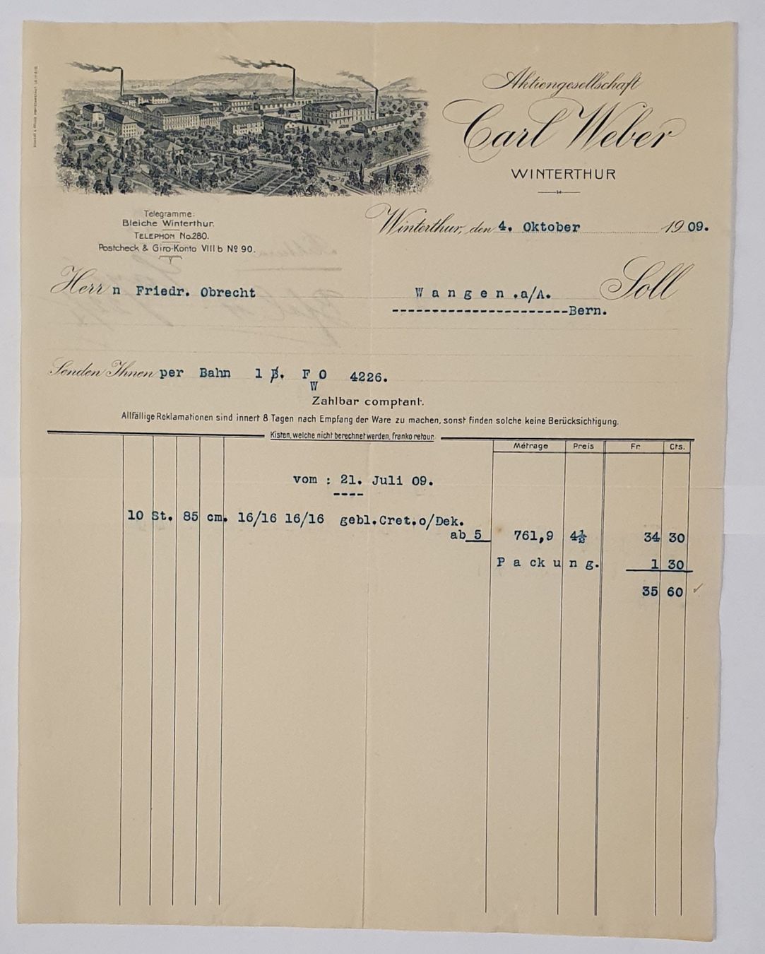 Grafica & Litografie: Winterthur 1909 - Aktiengesellschaft Carl Weber, Litho Brief – Usato da Kreuzlingen venduto da Rschweiz1