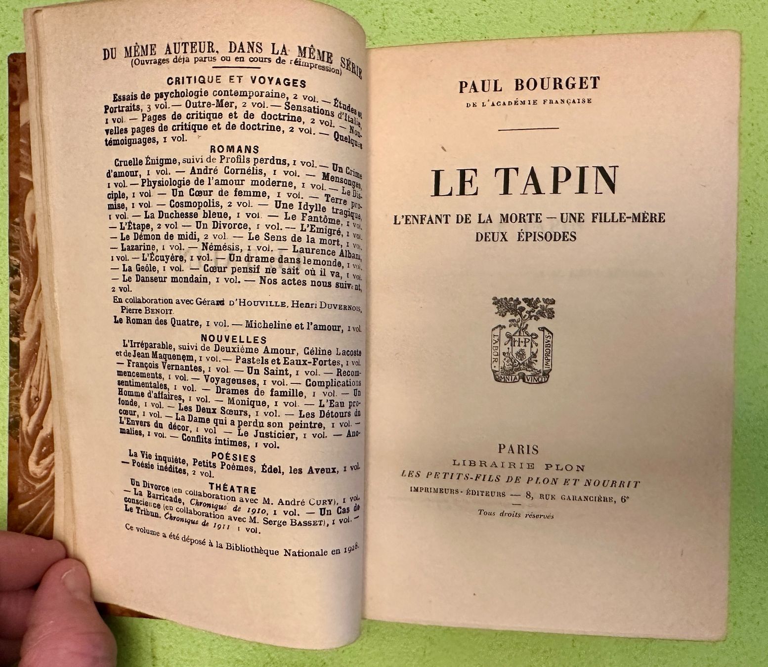 Bücher: Paul Bourget: Le Tapin. 1928 – Gebraucht aus Zürich von allp 2