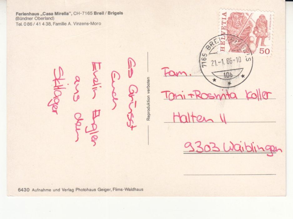 Cartoline postali: Breil Casa Mirella 1986 – Usato da Bürglen TG venduto da StampGraf 1