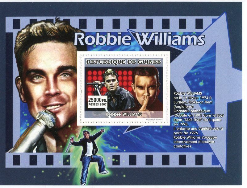 Tutti i francobolli: Block "Robbie Williams". Guinea. – Nuovo e nell'imballaggio originale da Basel venduto da Butsch5